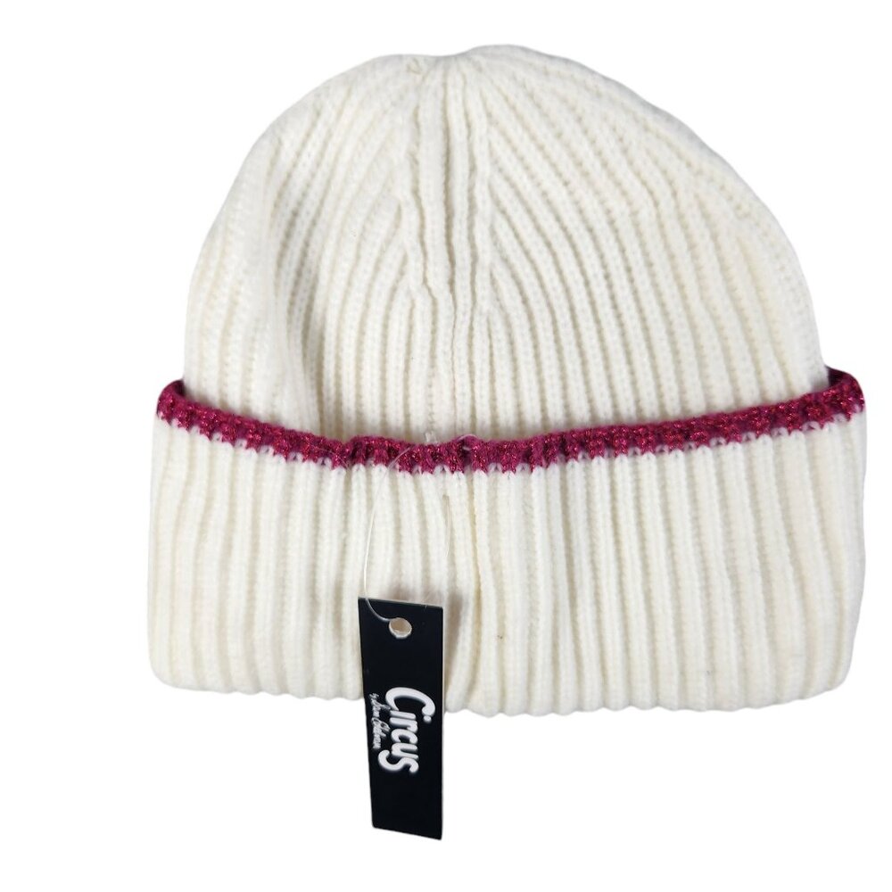 Circus By Sam Edelman Womens Ribbed Knit Beanie White With Pink Trim - Picture 2 of 2
